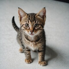 Obraz premium A curious tabby kitten with big eyes, exploring a clean white surface.