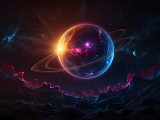 High quality, 8K Ultra HDVisualize Venus in full, vibrant glory, glowing with intense yellow-gold light that pulses and radiates, surrounded by flashes of cosmic pinks, neon purples, and deep blues