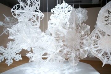 Delicate snowflakes suspended in air create a mesmerizing winter wonderland atmosphere