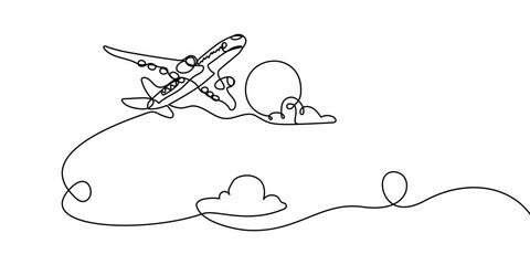 continuous line drawing of flying passenger plane