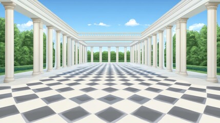 Classical Colonnade Garden Vista Checkered Floor