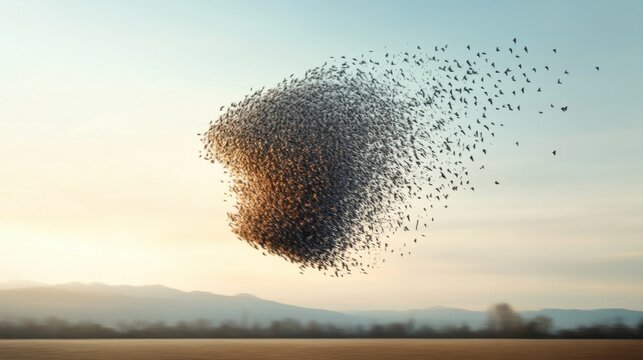 As dusk approaches, a mesmerizing flock of starlings swirls gracefully in the sky, creating fluid shapes against the backdrop of rolling hills. The air is filled with the beauty of migration