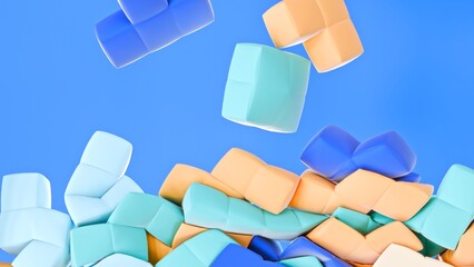 A collection of pastel blue, orange, and green 3D puzzle pieces in motion, with soft textures and crumpled forms against a bright blue backdrop.