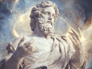 A powerful marble sculpture of a masculine figure of the universe creator with a striking gesture. The detailed craftsmanship and classic Roman-Greek style embody timeless sacred artistry.