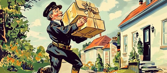 A cheerful postman delivers a package in a vintage postcard style, symbolizing nostalgia and communication.