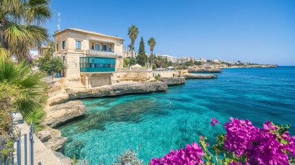 Fototapeta premium Coastal Mediterranean Villa, Turquoise Waters, Sunny Day