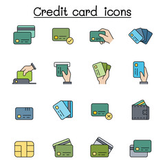 Credit card, Debit card, Payment, Shopping icons set in thin line style