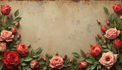 Vintage Floral Design with Faded Roses and Tulips, Deep Green Leaves, and Distressed Texture for a Retro Aesthetic