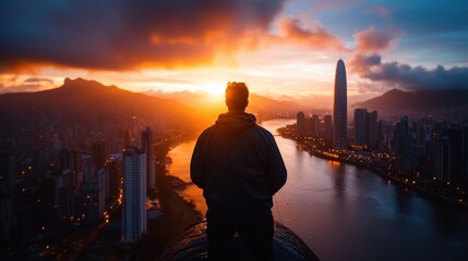 Fototapeta premium A solitary figure gazes over the city during sunset, where natural beauty meets urban landscapes, encouraging reflections on life, ambition, and the world around us.