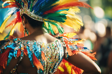 Fototapeta premium Vibrant Carnival Artist in Glittering Costume Close-Up, Generative AI Image Portrait