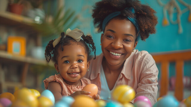 Happy african american girl and mother playing with easter eggs while family in background. unaltered, lifestyle, easter day, art, celebration, family, cultures and holiday concept. - Powered by Adobe
