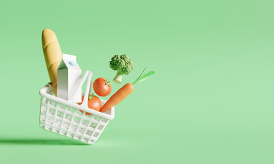 Basket with foods on green background. Supermarket shopping concept. 3d rendering