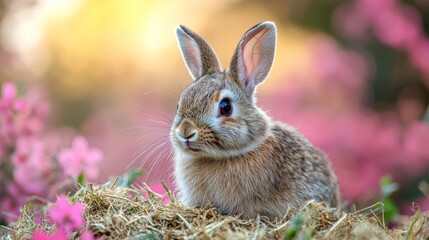 Fototapeta premium Cute little rabbit sitting on hay with vibrant pink flowers in the background, capturing the essence of springtime bliss