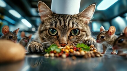 In a lively kitchen, a chef cat showcases its culinary skills surrounded by curious mice, creating a humorous and enchanting atmosphere full of delicious possibilities.