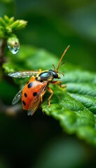 Naklejka premium Close Up of a Ladybug Wasp Mimic on a Leaf with Detailed Wing Structures and Water Droplet