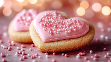 Heart Cookies Decorated with Pink Icing and Sprinkles Beautifully