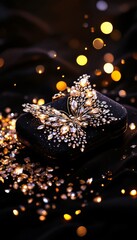 A Glittering Night, Luxurious Black Clutch Adorned with a Sparkling Crystal Butterfly and Golden Bokeh Lights