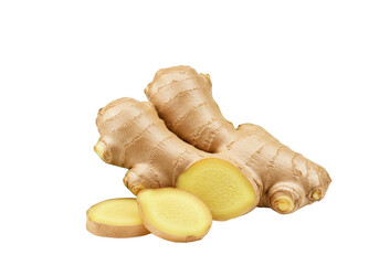 Ginger root, fresh ginger slices, vibrant green leaves isolated on white background, front view, no depth of field, sharp