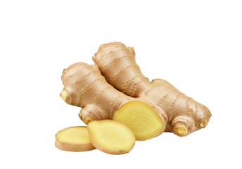 Ginger root, fresh ginger slices, vibrant green leaves isolated on white background, front view, no depth of field, sharp