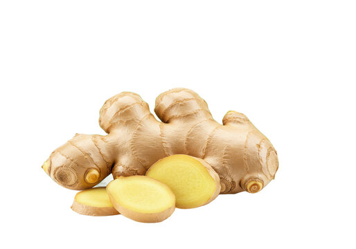 Ginger root, fresh ginger slices, vibrant green leaves isolated on white background, front view, no depth of field, sharp