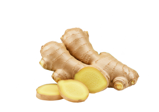 Ginger root, fresh ginger slices, vibrant green leaves isolated on white background, front view, no depth of field, sharp
