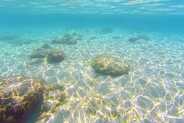 Fototapeta premium Crystal Clear Underwater Scene with Sunlit Luminous Patterns Reflecting on Sandy Ocean Floor and Rocky Boulders Beneath Tranquil Blue Water Surface