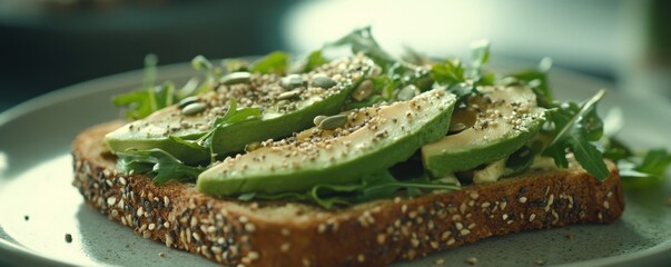 Delectable Gourmet Avocado Toast A Nutritious Organic Breakfast Delight Featuring Freshly Sliced Avocados, Mixed Greens, and a Sprinkling of Seeds This healthy and delicious recipe is perfect for a