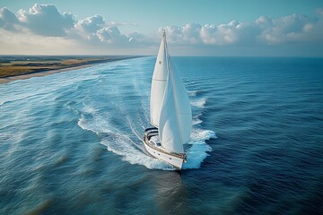 Obraz premium Boat sailing on the ocean under a clear sky with turquoise waters and white sails, capturing a serene summer voyage