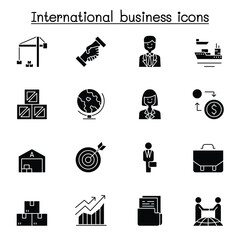 International business icon set in thin line style