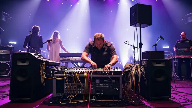 Music Producer Operating Sound Mixer on Stage During Live Performance with Musicians and Colorful Lighting

