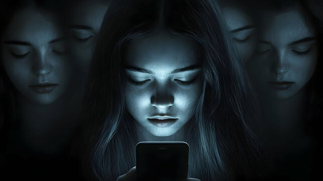 Phone Obsession: Teen Absorbed by Screen in Dark Room with Digital Ghosts