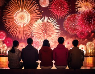 Friends enjoy a dazzling fireworks display, welcoming the Lunar New Year with joy.