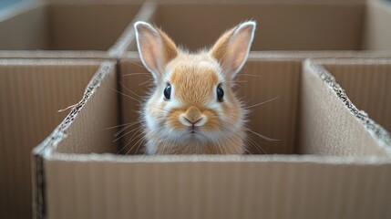 Obraz premium Cute baby rabbit peeking out from a cardboard box with a curious expression in a minimalist setting