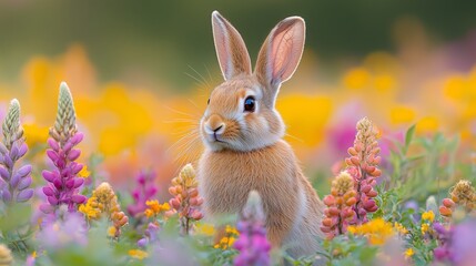 Fototapeta premium A cute rabbit surrounded by colorful wildflowers in a vibrant meadow, capturing a moment of tranquility and nature's beauty.