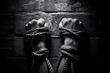 Close-up, black and white image of a person's hands bound with rope against a dark brick wall, clinched fists are positioned with the wrists and forearms wrapped tightly , anti trafficking 