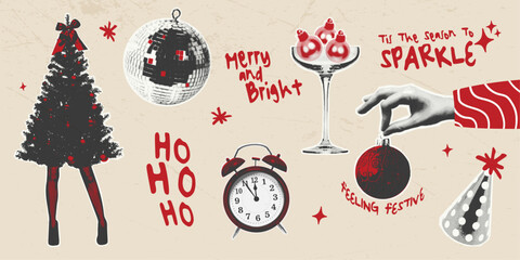 Festive retro halftone illustration set in red, black, and beige. Features a Christmas tree, ornaments, clock, champagne glass, and party hat. Ideal for holiday cards, posters and social media designs