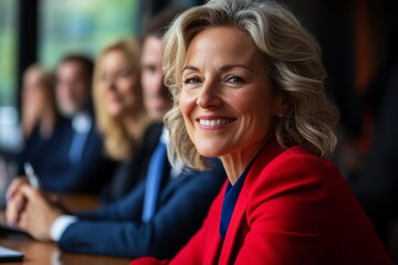 Fototapeta premium Business meeting in a modern office with a confident woman smiling at the camera while colleagues discuss ideas