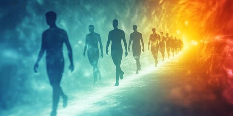 Silhouettes of individuals walking along a glowing light path, surrounded by a vibrant aura of cool blue and warm orange tones, transformation, journey