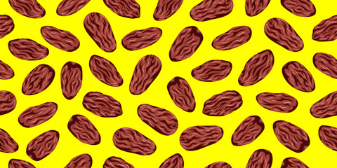 Date fruit seamless pattern on yellow background. Dates palm fruit motif for packaging. Iftar, Ramadan Kareem, Eid Al Fitr, Eid Al Adha Element Decoration Banner