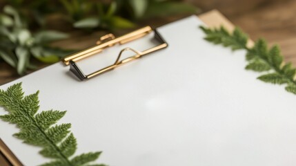 Change policy of environmental concept. Blank clipboard adorned with greenery on a wooden surface.