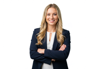 A confident woman with long blonde hair, wearing a navy blazer over a white top, standing with arms crossed and smiling warmly
