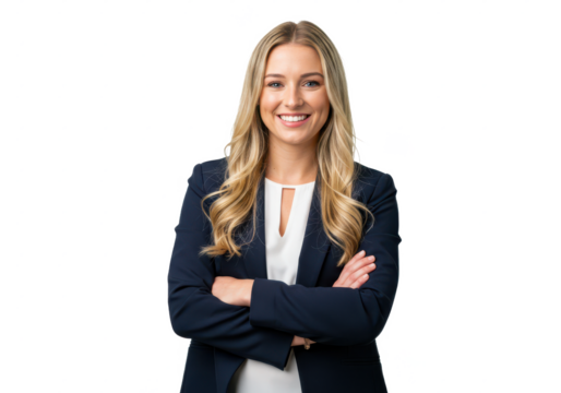 A confident woman with long blonde hair, wearing a navy blazer over a white top, standing with arms crossed and smiling warmly