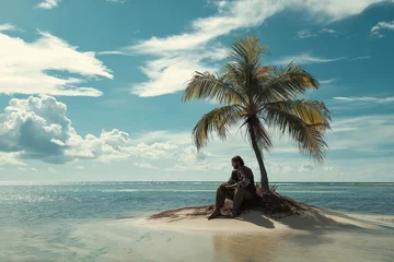 Selbstklebende Fototapeten Shipwrecked Man on Deserted Island Crying for Help: Solitude and Survival © Maria