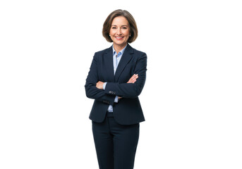 A professional middle-aged woman in a dark blue suit with a light blue shirt, standing with arms crossed and smiling