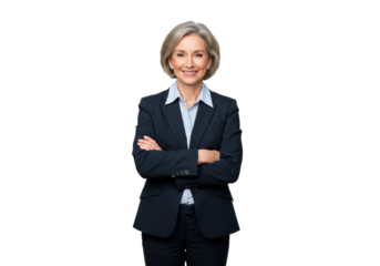 A professional middle-aged woman in a dark blue suit with a light blue shirt, standing with arms crossed and smiling