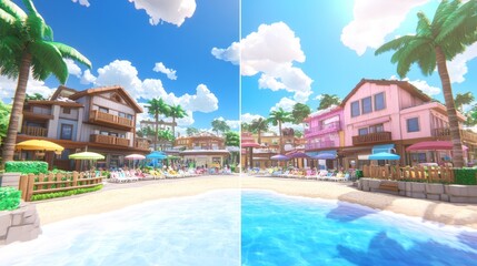 Fototapeta premium Coastal Town Beachfront Comparison Color Variations