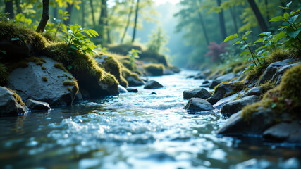 Fototapeta premium A tranquil stream flows gently through vibrant green surroundings, reflecting nature's beauty and serenity.