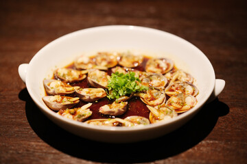 cooked Mactra chinensis clam seafood. Chinese Fujian cuisine