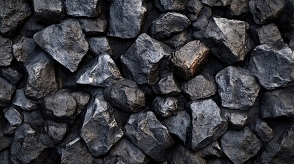 A close-up of a textured pile of dark coal rocks, showcasing their rugged surface and varied shapes.