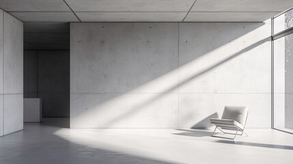 Minimalist interior with a modern grey chair and polished concrete walls, illuminated by soft sunlight.